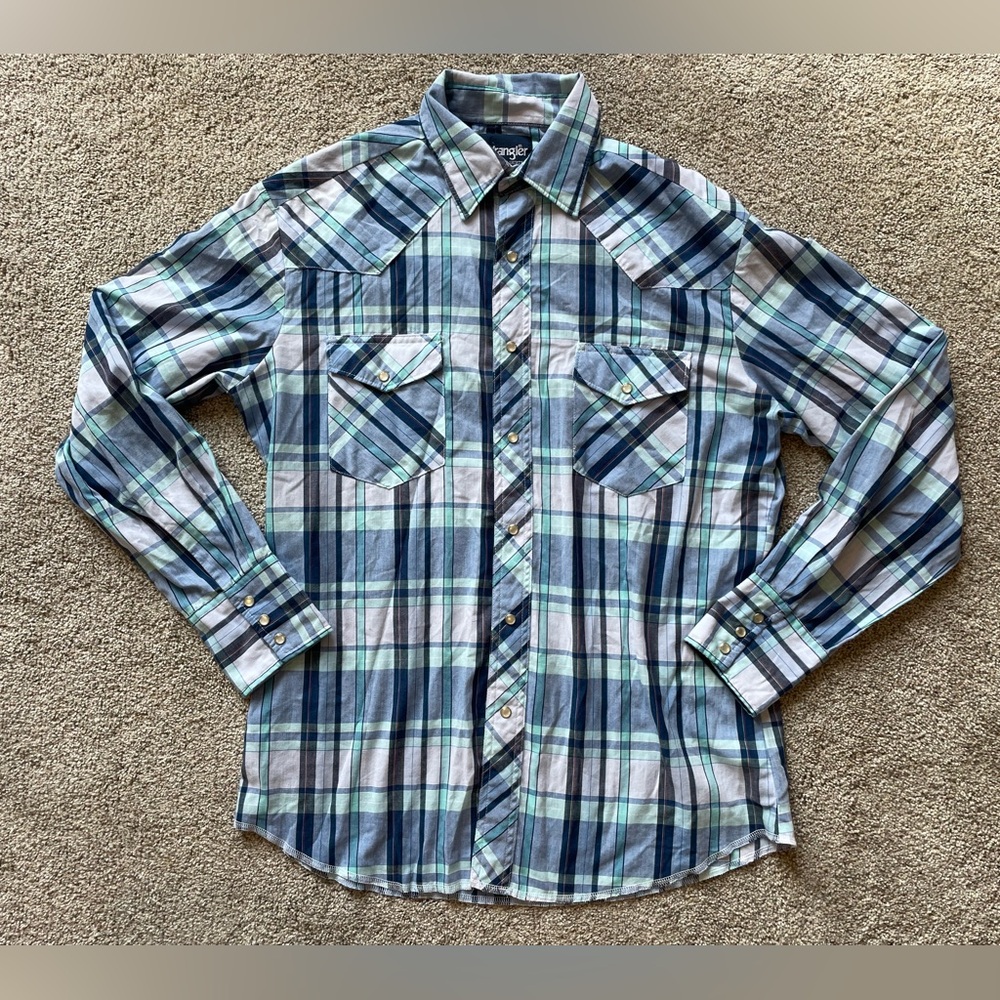 Wrangler Western Men's Blue Plaid Shirt- Size Medium